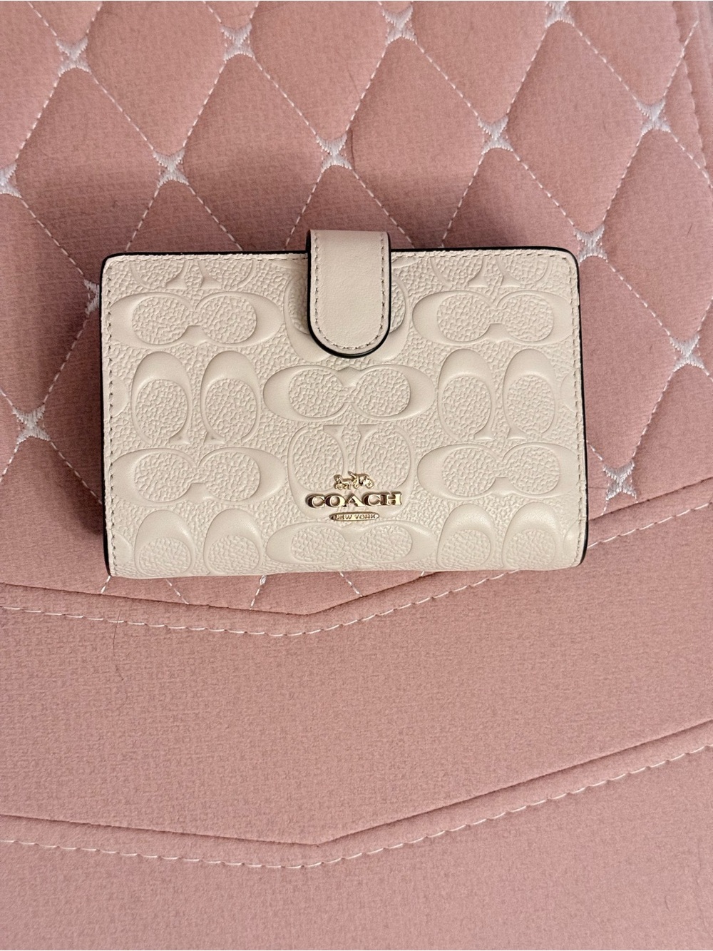 Coach Compact Embossed Leather Wallet in Cream with Gold Hardware